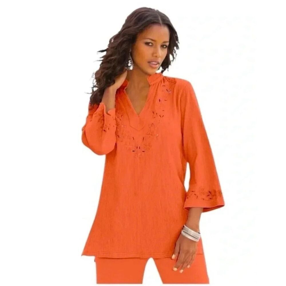 Roaman’s Orange Gauzy Stretch Embroidered Tunic Top sz 3X EUC